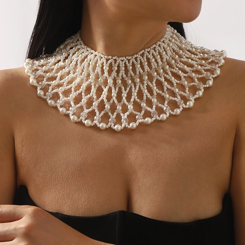 Collier Plastron Élégant en Perles Artificielles Tissées à la Main Strass Maillage Bijoux pour Femme Mariage Fête