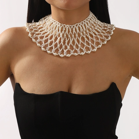 Collier Plastron Élégant en Perles Artificielles Tissées à la Main Strass Maillage Bijoux pour Femme Mariage Fête