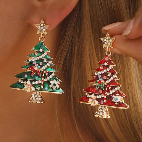 Vintage Christmas Tree Drop Earrings Alloy Enamel Rhinestone Snowflake Star Bowknot Festive Party Dangle Earrings For Women Jewelry