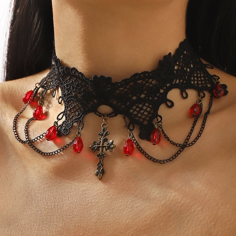 Gothic Vintage Black Lace Choker Necklace For Women Red Rhinestone Water Drop Cross Pendant Vampire Punk Dark Style Jewelry
