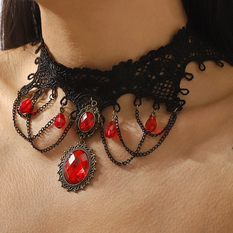 Gothic Vintage Black Lace Choker Necklace For Women Red Rhinestone Water Drop Cross Pendant Vampire Punk Dark Style Jewelry