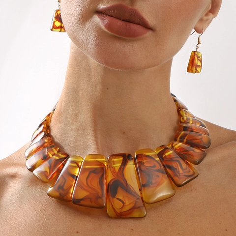 Set di Gioielli in Resina Etnica Vintage per Donna con Trama di Marmo Massiccio Collana e Orecchini Geometrici Set Gioielli di Moda Regalo
