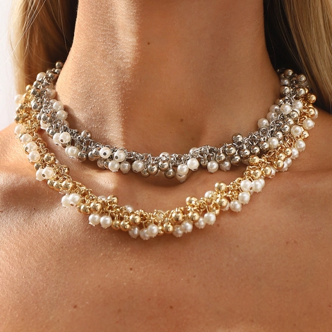 Elegant Imitation Artificial Pearl Choker Necklace For Women Light Luxury Style Metal Bead Cluster Beaded Clavicle Chain Jewelry
