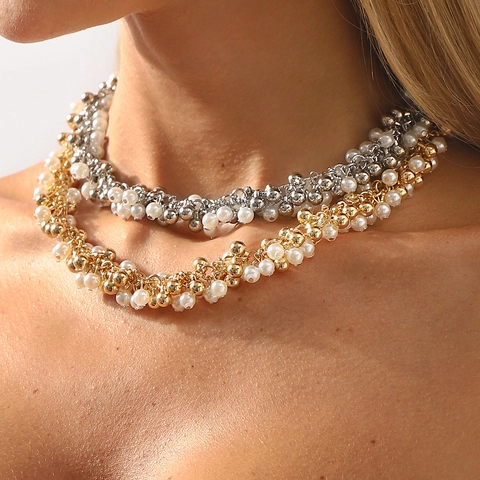 Elegant Imitation Artificial Pearl Choker Necklace For Women Light Luxury Style Metal Bead Cluster Beaded Clavicle Chain Jewelry