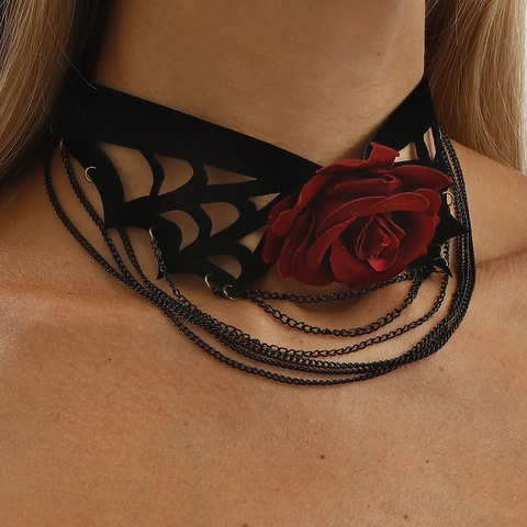 Collier Choker Gothique Rose Toile d'Araignée pour Femmes Halloween Sombre Rétro Chaîne à Franges en Métal Multicouche Bijoux en Velours