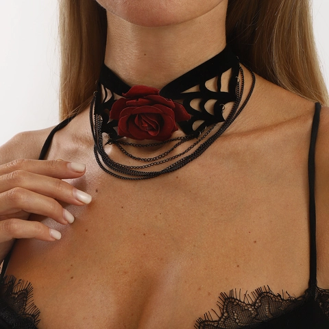 Collier Choker Gothique Rose Toile d'Araignée pour Femmes Halloween Sombre Rétro Chaîne à Franges en Métal Multicouche Bijoux en Velours