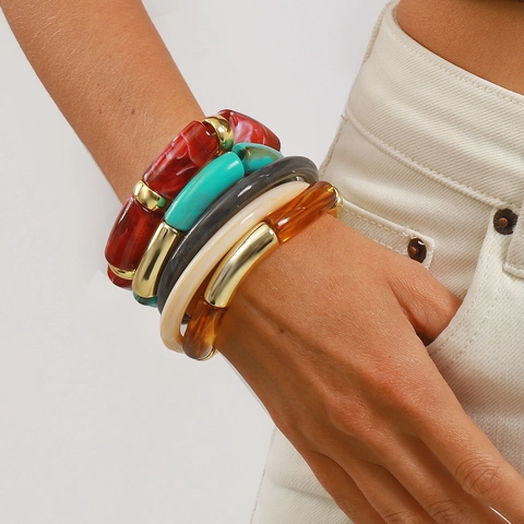 Bohemian Irregular Geometric Acrylic Bangle Vintage Colorful Marble Texture Stackable Resin Cuff Bracelet For Women Jewelry