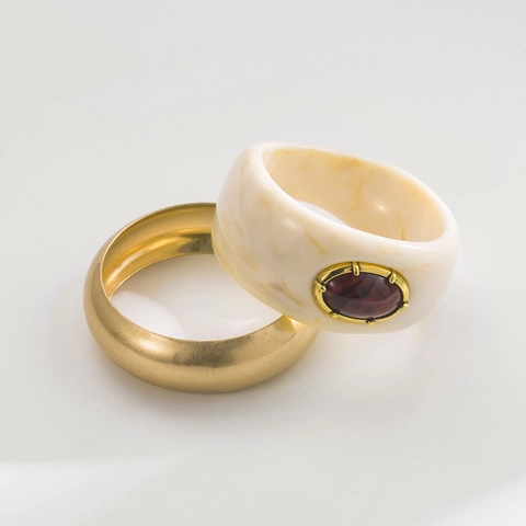 Vintage Resin Metal Bangle Bracelet Set Marble Texture Red Rhinestone Gold Plated Geometric Bangle Women Fashion Jewelry
