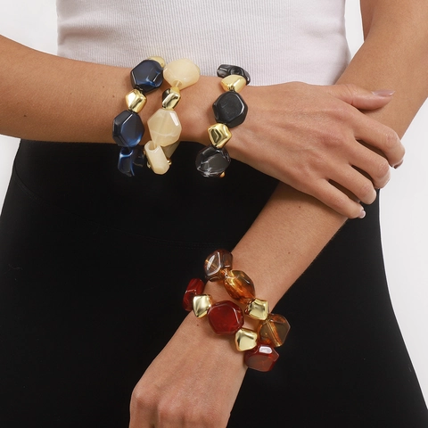 Vintage Geometric Chunky Resin Bracelet For Women Ins Style Marble Contrast Color Elastic Stretch Bangle Bohemian Jewelry