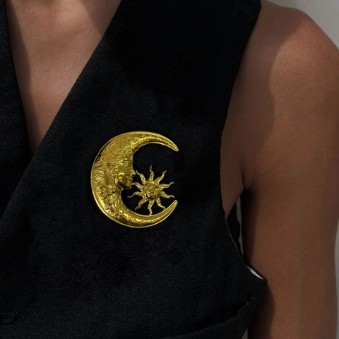 Vintage Spilla Sole e Luna in Acciaio Inossidabile Design Celeste Personificato Accessorio per Abito Galvanizzato Gioielli Donna