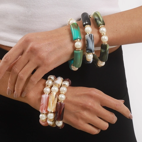 Brazalete de Resina con Textura de Mármol Bohemio Con Perla Artificial Pulsera Elástica de Cuentas Retro Multicolor para Mujer