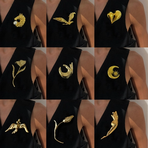 Vintage Legierung Sonne Mond Pferd Vogel Floral Hand Herz Brosche Pin Für Damen Mode Anzug Zubehör Schmuck Spiegelpolitur