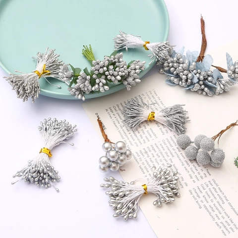 Faisceaux de Baies et d'Étamine de Fleurs Artificielles Argentées Pour DIY Bricolage Fait Main Baies de Plâtre Composition Florale Décoration de Noël