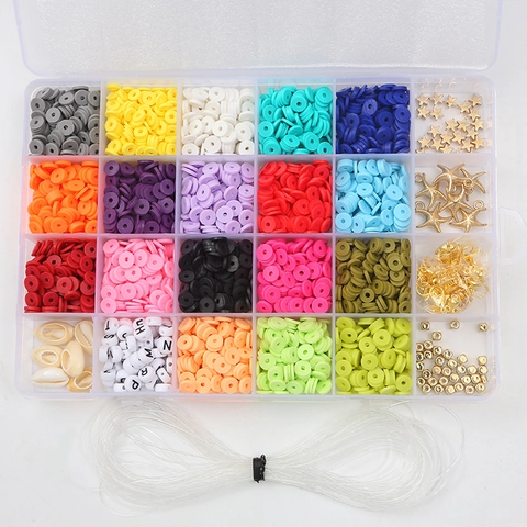 Kit per Creazione Gioielli Fai-da-te Perle Heishi in Argilla Polimerica Con Pendenti Lettere Cordino Elastico per Braccialetti