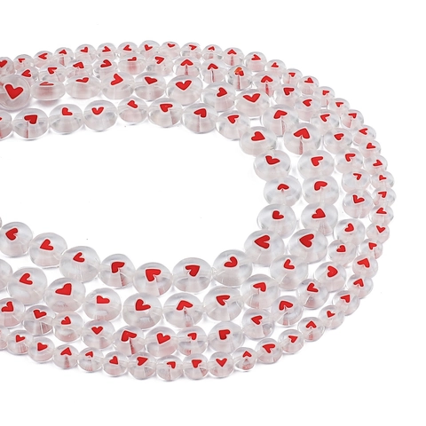 Flache Runde Glas Herzperlen Durchscheinend Weiß Rot Herzmuster Lose Perlen Für DIY Schmuckherstellung Armband Halskette