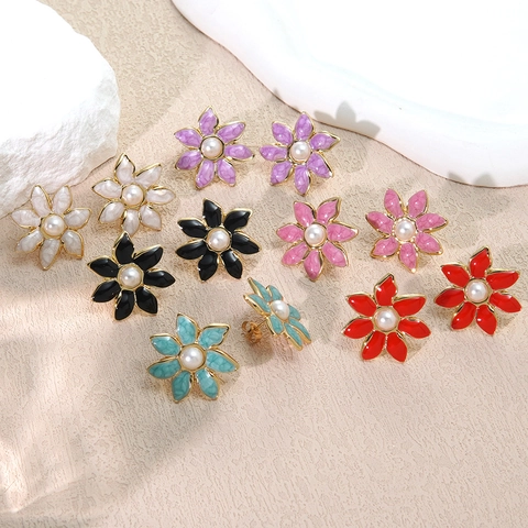 Pendientes de Botón de Flor de Acero Inoxidable Vintage Con Perla Artificial Esmalte Francés Goteo de Aceite Pendientes Florales Joyería Mujer