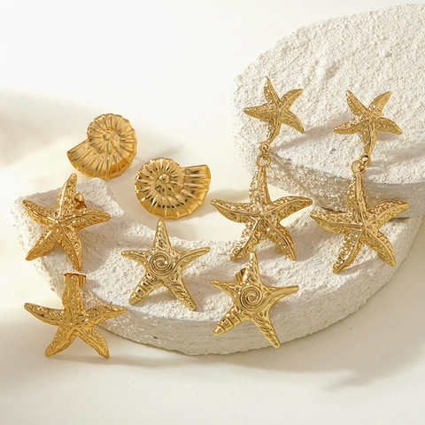 Fashion Stainless Steel Starfish Conch Earrings Ocean Beach Style Gold Plated Hammered Texture Ear Studs Jewelry For Women