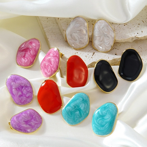 Boucles d'Oreilles Clous Géométriques Irrégulières en Acier Inoxydable Avec Motif Marbre en Émail à Goutte d'Huile Doré Bijoux