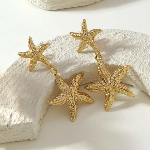 Fashion Stainless Steel Starfish Conch Earrings Ocean Beach Style Gold Plated Hammered Texture Ear Studs Jewelry For Women