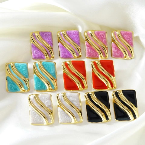 Stainless Steel Geometric Rectangular Enamel Earrings For Women Gold Plated Wave Pattern Vintage Fashion Jewelry Earring Gift