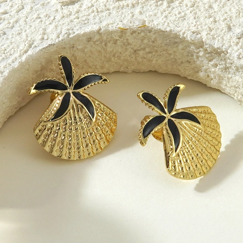 Vacation Style Starfish Shell Stainless Steel Earrings Gold Plated Enamel Sea Animal Pattern Stud Earrings For Women Jewelry