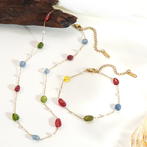 Collana Bracciale Boho Perline Colorate Acciaio Inossidabile Placcato Oro 18K Perla Artificiale Gioielli Donna