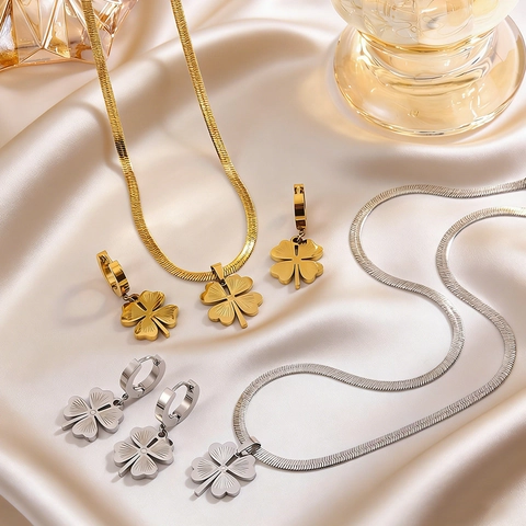 Stainless Steel Sunburst Clover Pendant Necklace Earrings Jewelry Set Gold Steel Herringbone Snake Chain For Women Gift