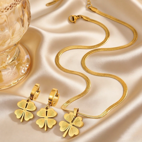 Stainless Steel Sunburst Clover Pendant Necklace Earrings Jewelry Set Gold Steel Herringbone Snake Chain For Women Gift