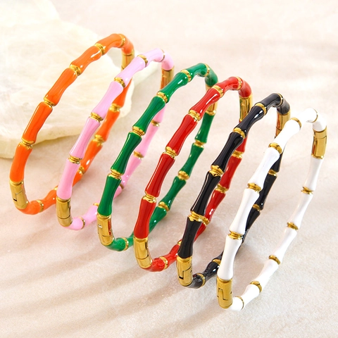 Stainless Steel Bamboo Joint Bangle Bracelet For Women 18K Gold Plated Enamel Bamboo Texture Stackable Fashion Jewelry