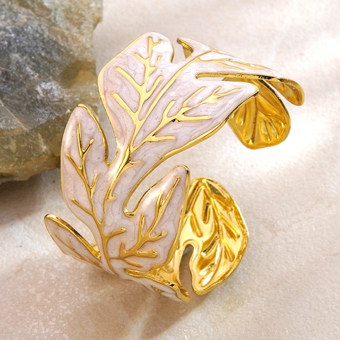 Minimalist Stainless Steel Leaf Open Bangle For Women Luxury Drip Oil Enamel Cuff Bracelet Nature Style Fashion Jewelry Gift