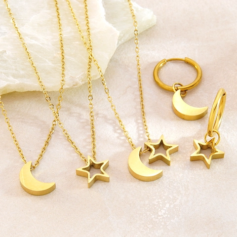 Stainless Steel Celestial Moon Star Pendant Necklace Hoop Earrings Gold Plated Fashion Niche Design Jewelry For Women Gift