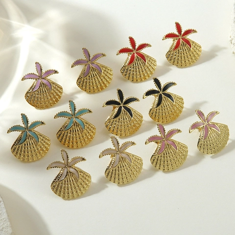 Vacation Style Starfish Shell Stainless Steel Earrings Gold Plated Enamel Sea Animal Pattern Stud Earrings For Women Jewelry