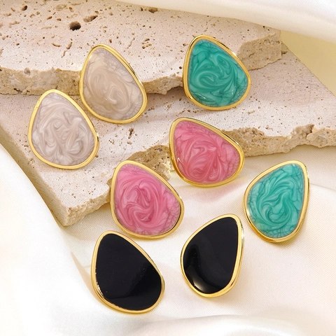 304 Stainless Steel Geometric Earrings Enamel Marble Texture Irregular Teardrop Stud Earrings For Women Holiday Fashion Jewelry