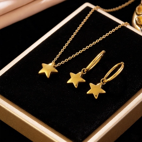 Parure de Bijoux Étoile en Acier Inoxydable Collier Pendentif Pentagramme Boucles d'Oreilles pour Femmes Accessoires Élégants