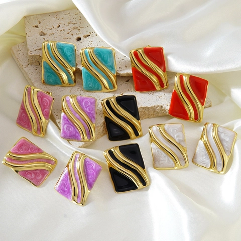 Vintage Stainless Steel Geometric Enamel Rectangular Earrings For Women Gold Plated Wave Textured Fashion Jewelry Gift
