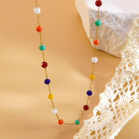 Women Fashion 304 Stainless Steel Necklace Colorful Seed Beads Geometric Thin Chain Bohemian Style Adjustable Jewelry Gift