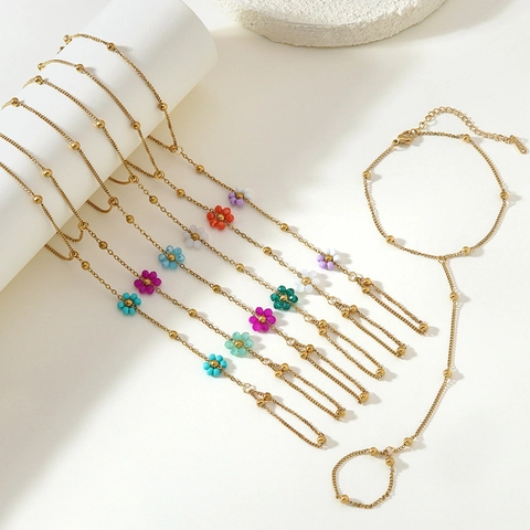 Stainless Steel With Colorful Beaded Flowers Gold Plated Hand Harness For Women Bohemian Fashion Hand Chain