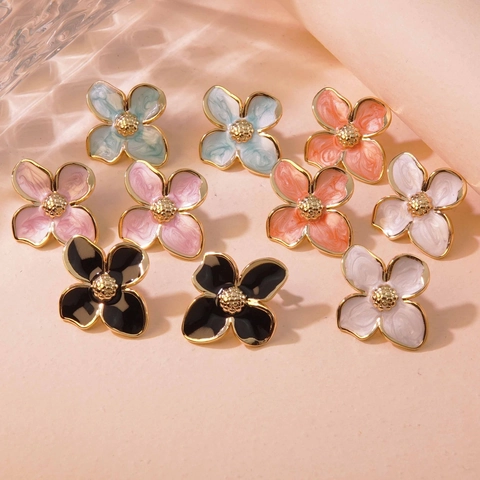 French Vintage Enamel Tulip Petal Stud Earrings For Women Stainless Steel Flower Floral Jewelry For Palace Style Date Gift