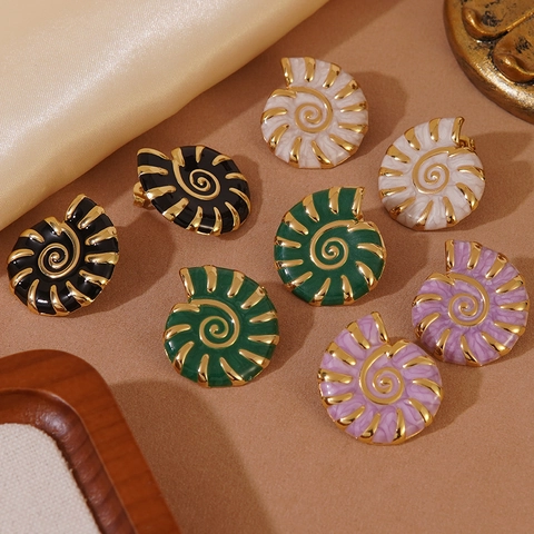Vintage Stainless Steel Conch Nautilus Stud Earrings For Women Enamel Spiral Drip Oil Marine Style Fashion Jewelry Gift