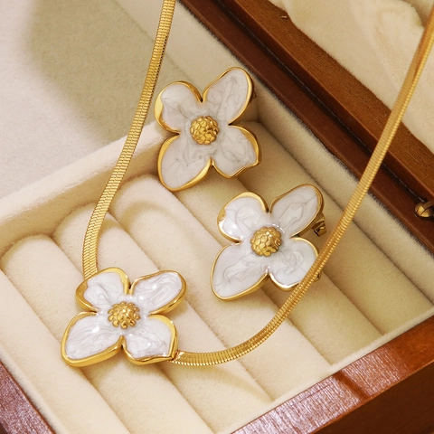 Stainless Steel Enamel Flower Jewelry Set For Women Sweet Floral Snake Chain Necklace And Stud Earrings Party Accessories