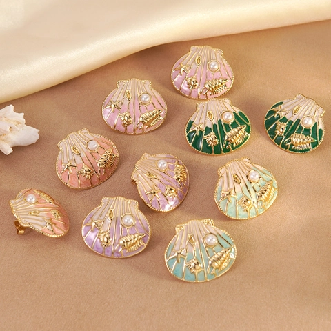 Stainless Steel Shell Conch Starfish Stud Earrings Enamel Artificial Pearl Ocean Beach Style Vacation Jewelry For Women