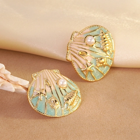 Stainless Steel Shell Conch Starfish Stud Earrings Enamel Artificial Pearl Ocean Beach Style Vacation Jewelry For Women
