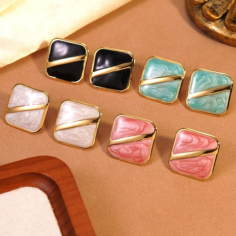 Stainless Steel Square Stud Earrings Enamel Marble Texture Geometric Minimalist French Vintage Jewelry For Women Gift