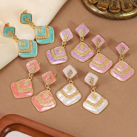 Vintage 304 Stainless Steel Rhombus Drop Earrings For Women Geometric Enamel Marble Texture Gold Plated Luxury Jewelry