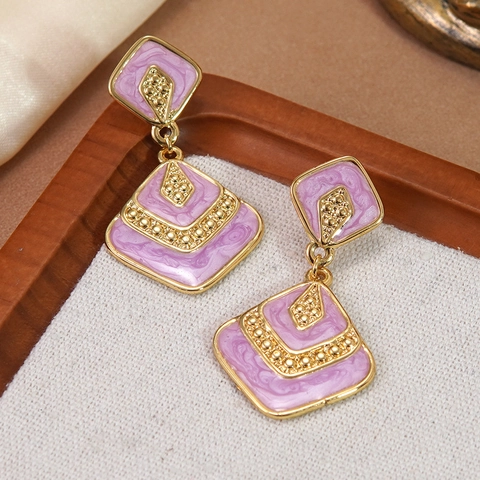 Vintage 304 Stainless Steel Rhombus Drop Earrings For Women Geometric Enamel Marble Texture Gold Plated Luxury Jewelry