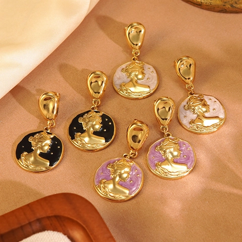Vintage Französischer Stil 304 Edelstahl Emaille Ohrringe Luxus Klassik Cameo Porträt Hängeohrringe Damen Schmuck