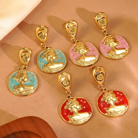 Vintage Französischer Stil 304 Edelstahl Emaille Ohrringe Luxus Klassik Cameo Porträt Hängeohrringe Damen Schmuck