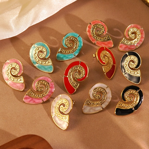 Vintage 304 Stainless Steel Conch Spiral Stud Earrings Colorful Oil Dripping Enamel Shell Earrings For Women Sweet Jewelry