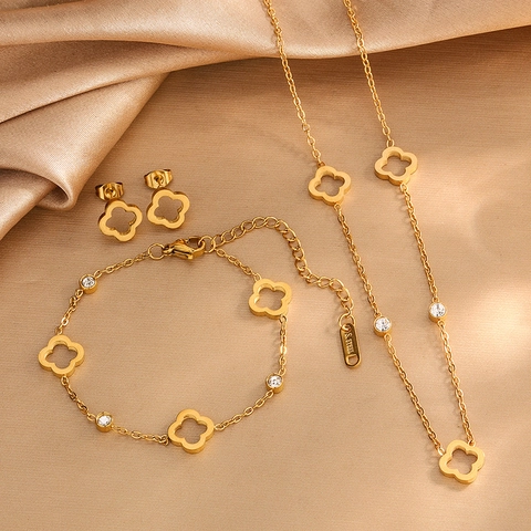 18K Gold Plated Stainless Steel Four Leaf Clover Zirconia Flower Necklace Bracelet And Earrings For Women Party Jewelry