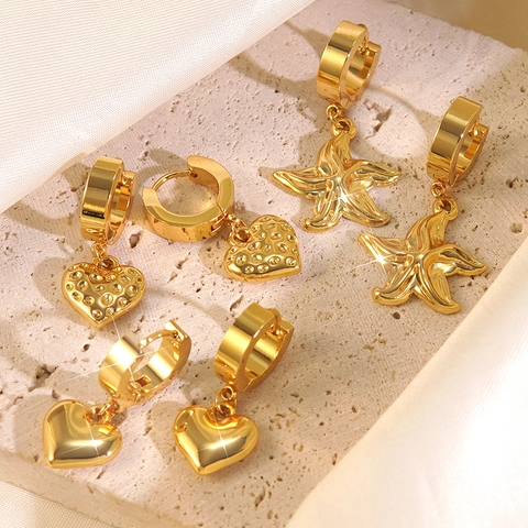 304 Stainless Steel Heart Starfish Huggie Hoop Earrings Gold Plated Hammered Texture Waterproof Hypoallergenic Jewelry For Women